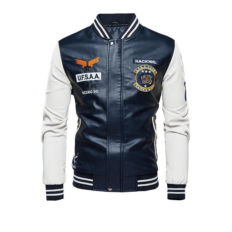 Bomber Lederjacke Herren Baseballjacken Biker PU Mantel Faux Pilot Varsity Fleece College Top Leder Schwarz Slim Fit Motorrad