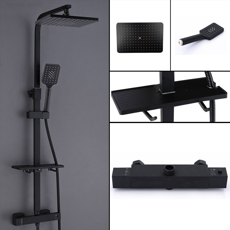 Black Rainfall Shower Faucets Set Wall Mounted Rain Shower Faucet Storage Bath Mixer Tap Hot Cold with Hand Shower EL3903