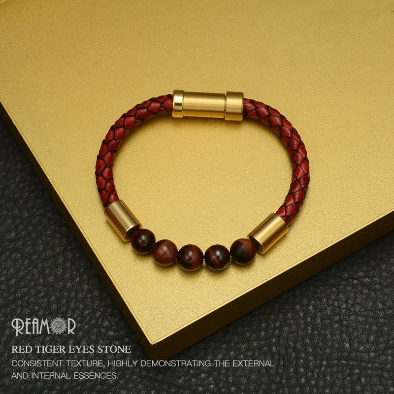 REAMOR Männer Schwarz Grün Naturstein Geflochtene Lederarmbänder Goldfarbe 316L Edelstahl Eingebetteter Verschluss Armreif Schmuck