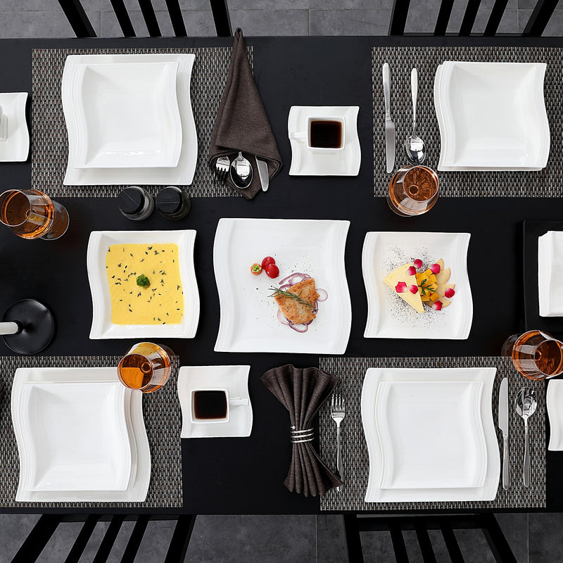 MALACASA FLORA Tafelservice aus weißem Porzellan, 30/60-teilig, mit 12 x Tasse, Untertasse, Dessert-Suppenteller, Geschirr-Set für 12 Personen