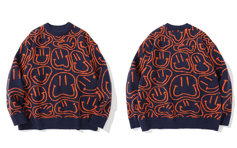 Hip Hop Knitted Sweater Streetwear Harajuku Vintage Smile Pullover Sweater 2022 Mens Autumn Fashion Couple Orange Black