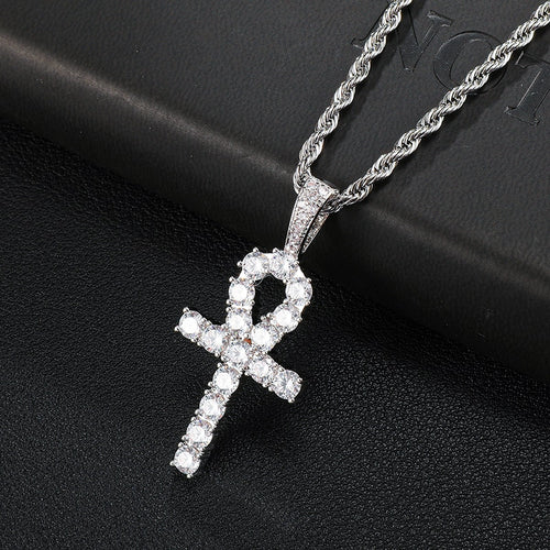 D&amp;Z White Gold Ankh Pendant Iced Out CZ Stones Mens Micro Paved AAA CZ Hip Hop Gold Silver Color Charm Chains Jewelry Gift