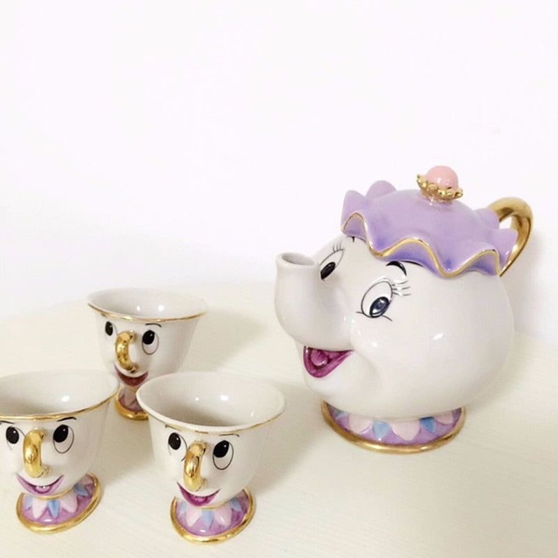 Taza de tetera de La Bella y La Bestia de dibujos animados, juego de tazas de té con Chip de la Sra. Potts, regalo de porcelana Cogsworth, esmalte pintado chapado en oro de 18 quilates