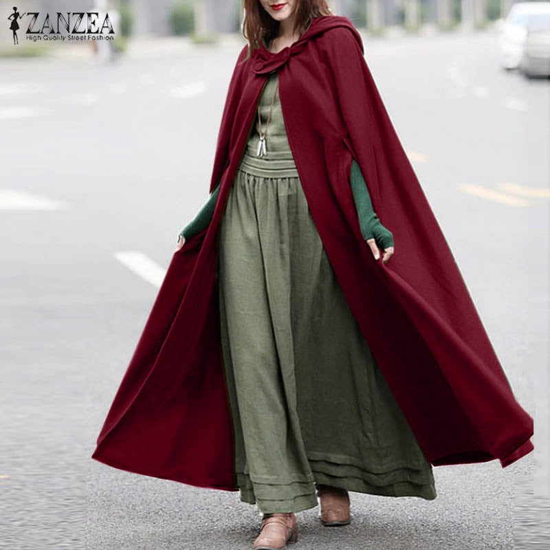 ZANZEA Mujer Poncho Invierno Con Capucha Frente Abierto Capa Suelta Sólido Abrigo Largo Sudaderas Con Capucha Cosplay Outwear Navidad Capa Casual