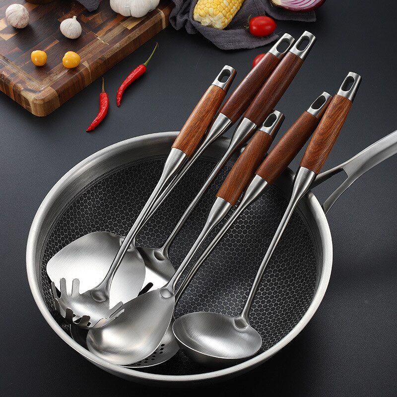 Rosewood spatula 304 stainless steel kitchenware soup spoon fishing colander household kitchen utensils frying shovel hot set