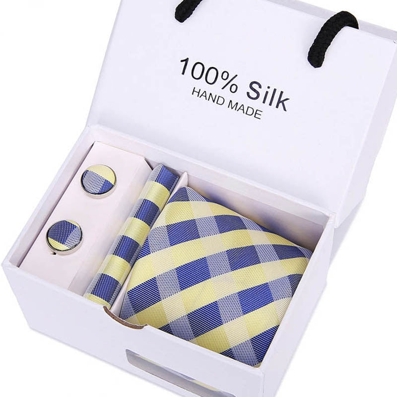 Gift box Packing  Brand Luxury Necktie Pocket Square Wedding Mens Neck TIes Silk Tie Set  Cufflinks Handkerchief