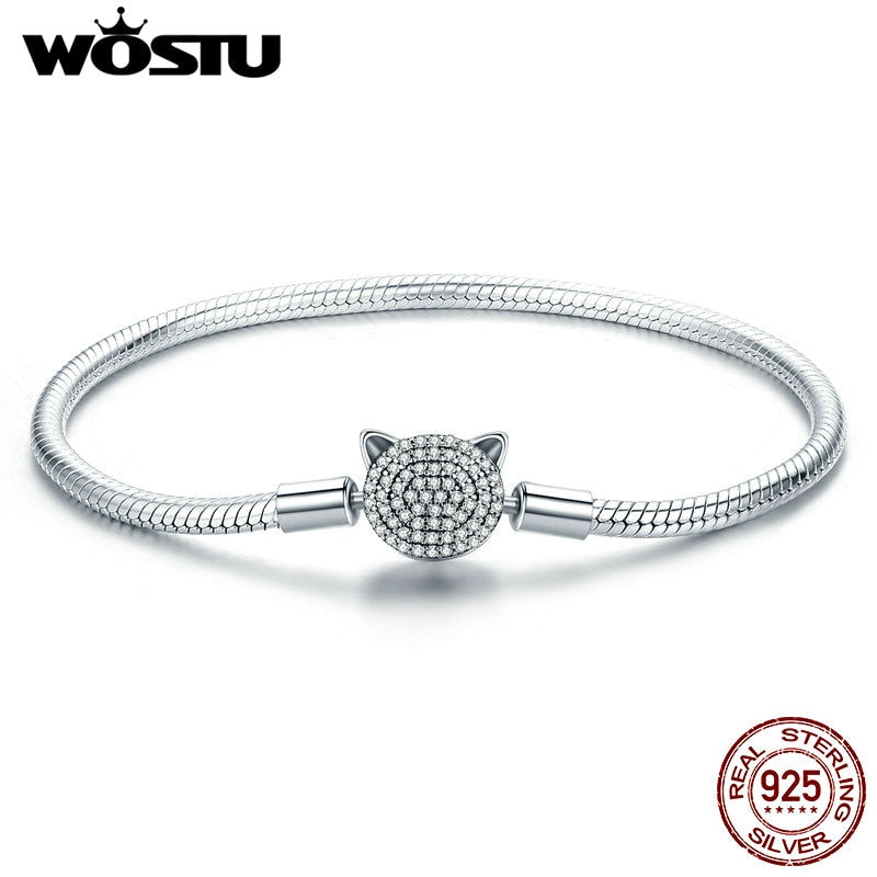 WOSTU auténtica 100% Plata de Ley 925 lindo gato brillante CZ serpiente Strand cadena pulseras brazalete para mujer joyería de plata