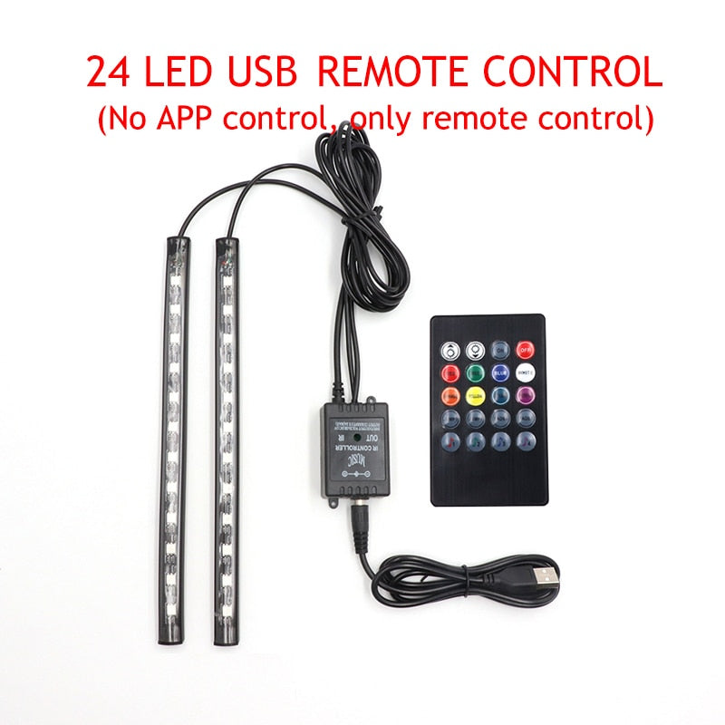 LED Car Foot Light Ambient Lamp USB APP Remote Music Control Multiple Modes Automotive Interior Decorative Lights