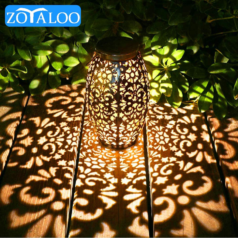 Zoyaloo, lámpara LED Retro para jardín, lámpara Solar de proyección de sombra hueca de Metal, farol colgante, iluminación para exteriores, luz de paisaje impermeable