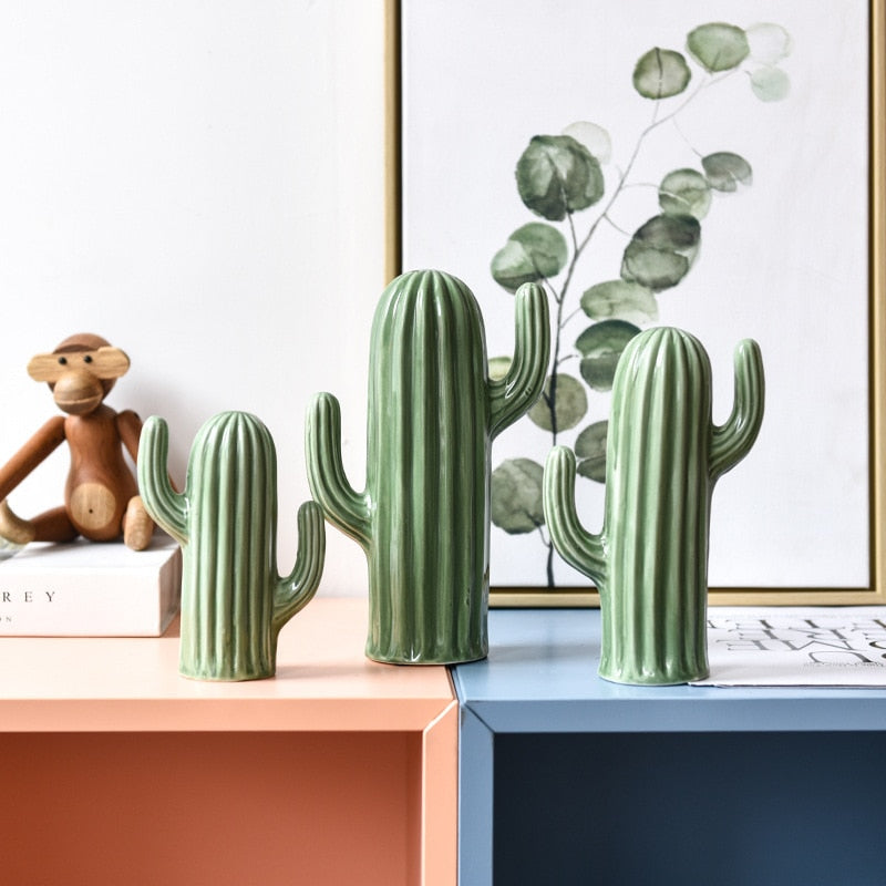 Nordic Style Creative Ceramics Cactus Ornaments Living Room Desktop Decorative Simulation Green Plant Figurines Home Decoration