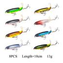 8Pcs Whopper Plopper 10Cm/14Cm Floating Per Fishing Lure Artificial Hard Bait Wobbler Rotating Tail Fishing Tackle 3D Eyes