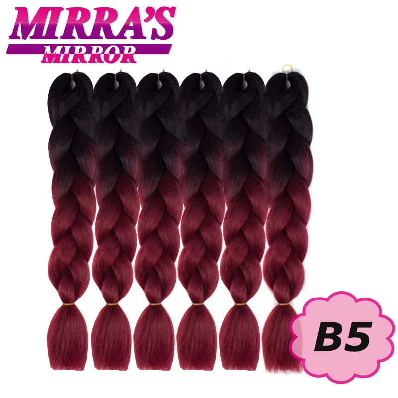 Trenzas Jumbo de 24 pulgadas, cabello sintético para caja trenzada, extensiones de cabello trenzado Ombre, tres tonos, negro, marrón, azul, rosa, espejo de Mirra