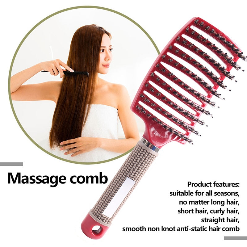 Cepillo de pelo caliente Huiyun, peine masajeador de cerdas de jabalí para el cuero cabelludo, cepillos de enredos rizados húmedos de nailon para mujer, estilismo de peluquería para desenredar el salón