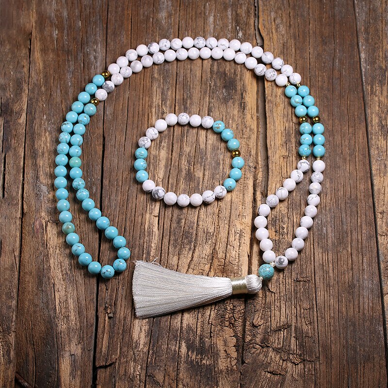 8 mm natürliche weiße Howlith-Steinperlen und blaues Türkis-Armband für Frauen-Mann-Halsketten-Sets Meditation 108 Mala-Perlen-Schmuck