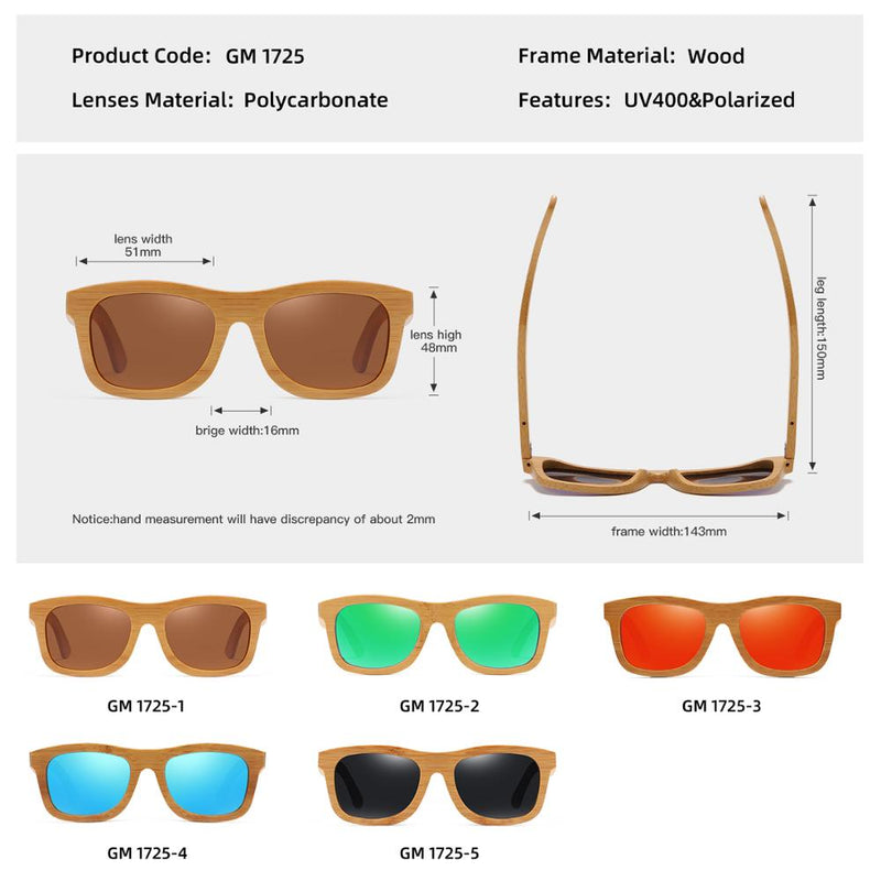 GM Natural Wooden Sunglasses Handmade Polarized Mirror Fashion Bamboo Eyewear sport glasses S1725