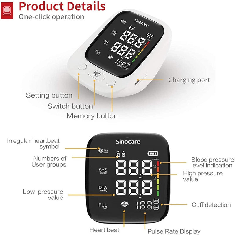 Monitor de presión arterial Sannuo Sinocare, salud médica, brazo superior automático, pantalla retroiluminada Digital, máquina BP, pulso de frecuencia cardíaca