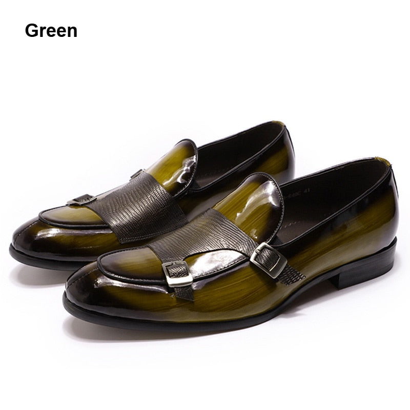 Mocasines de charol para hombre de la marca FELIX CHU, zapatos de vestir para fiesta de boda, zapatos negros y verdes con correa de monje, zapatos informales a la moda para hombre