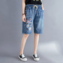 Women Summer Folk Style Elastic Waist Floral Embroidery Drawstring Ripped Shorts Female Office Lady Casual Loose Denim Short