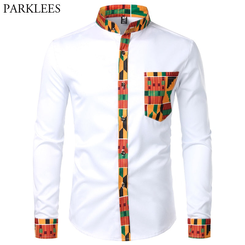 Dashiki African Herrenhemd Patchwork Pocket Africaine Print Shirt Herren Ankara Style Langarm Design Kragen Herrenhemden