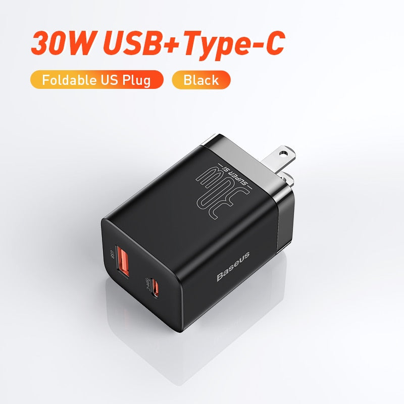 Baseus PD-Ladegerät 30 W USB-Typ-C-Schnellladegerät QC3.0 USB-C-Schnellladung 3.0 Dual-Port-Telefonladung für iPhone 13 X Xs 8 Macbook