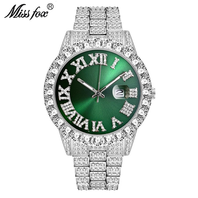 Reloj MISSFOX para hombre 2020, los más vendidos, marca de lujo, esfera azul, oro, relojes de moda para hombre, pulsera grande de diamantes, reloj de lujo para hombre