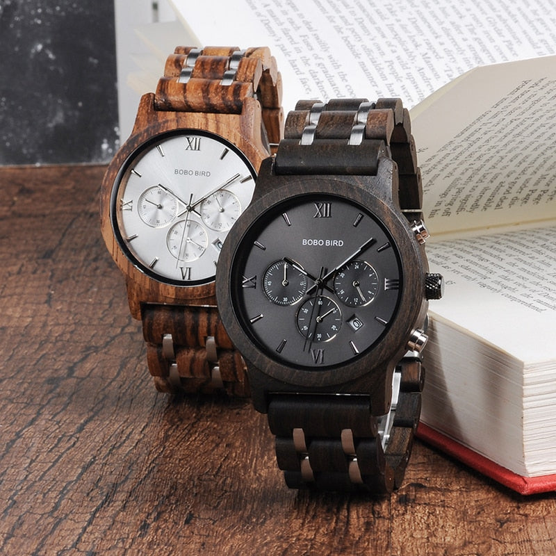 BOBO BIRD relojes de madera para hombre, reloj de cuarzo de negocios a la moda, cronógrafo de banda de acero inoxidable de madera, gran caja de regalo, reloj masculino