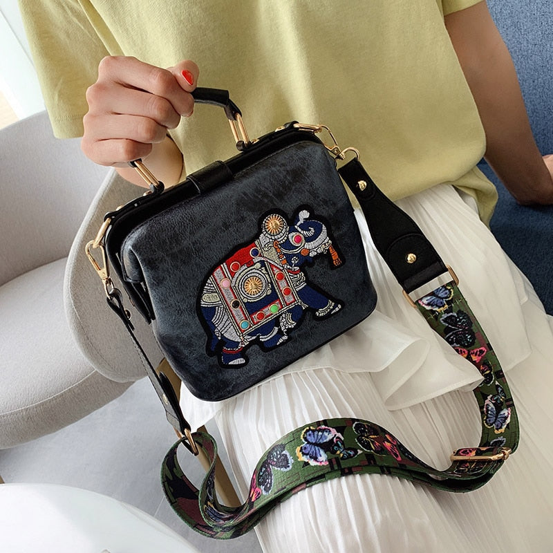 Vintage Embroidery Elephant Bag Bags Wide Butterfly Strap PU Leather Women Shoulder Crossbody Bag Tote Women&