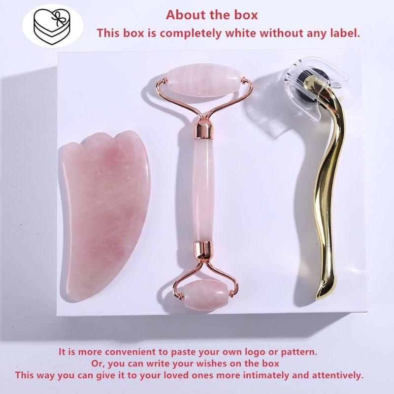 Slimming Massager Rose Quartz Roller Natural Jade Roller Microneedle Roller Jade Spatula Three-piece Skin Care Facial Massager