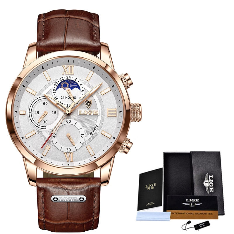 2022 LIGE Uhren Herren Top-Marke Luxus Uhr Casual Leder 24 Stunden Mondphase Herrenuhr Sport Wasserdicht Quarz Chronograph + Box