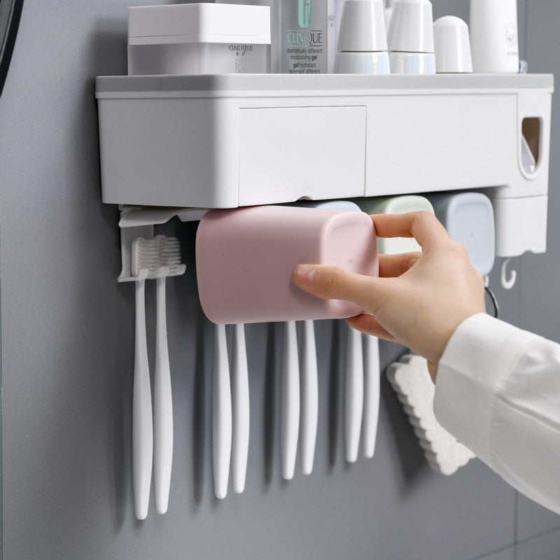 Soporte para cepillo de dientes dispensador automático de pasta de dientes estante de almacenamiento de montaje en pared accesorios de baño