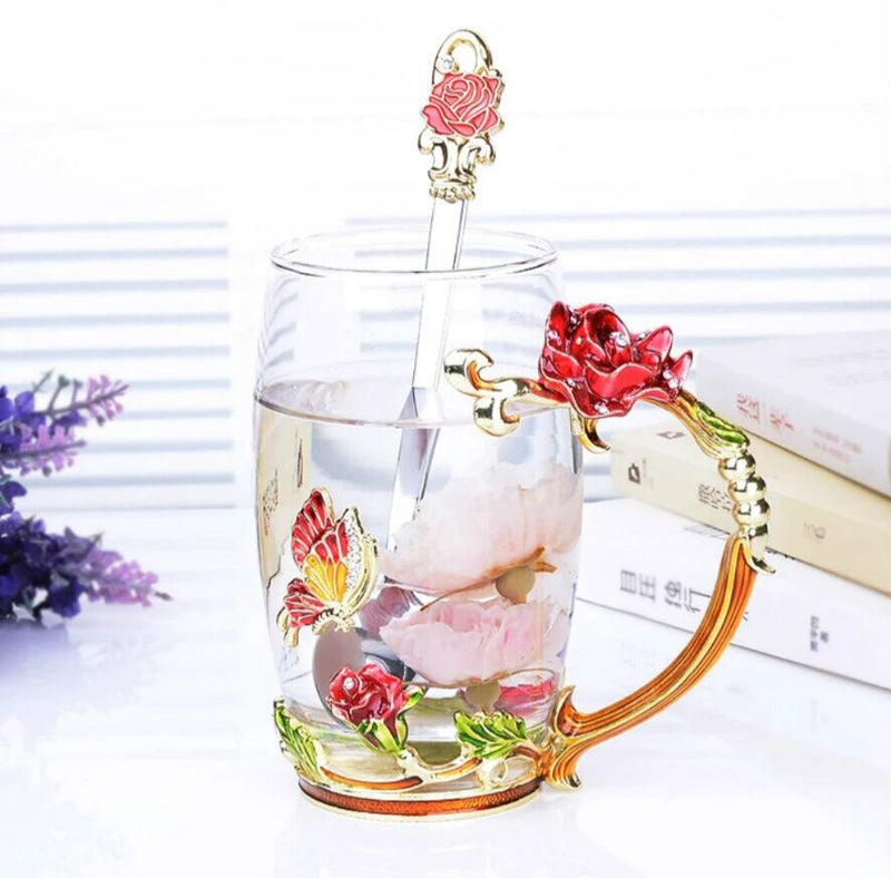 Taza de café esmaltada de rosa roja, tazas y tazas de cristal, taza de té de alta calidad, taza de regalo para pareja, juego de té para amantes