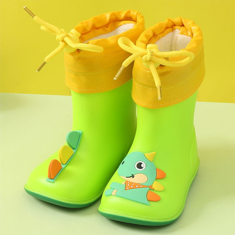 Botas de lluvia para niños, botas de goma, zapatos de agua para niños, dibujos animados de PVC para bebés, impermeables, antideslizantes, cálidos para invierno