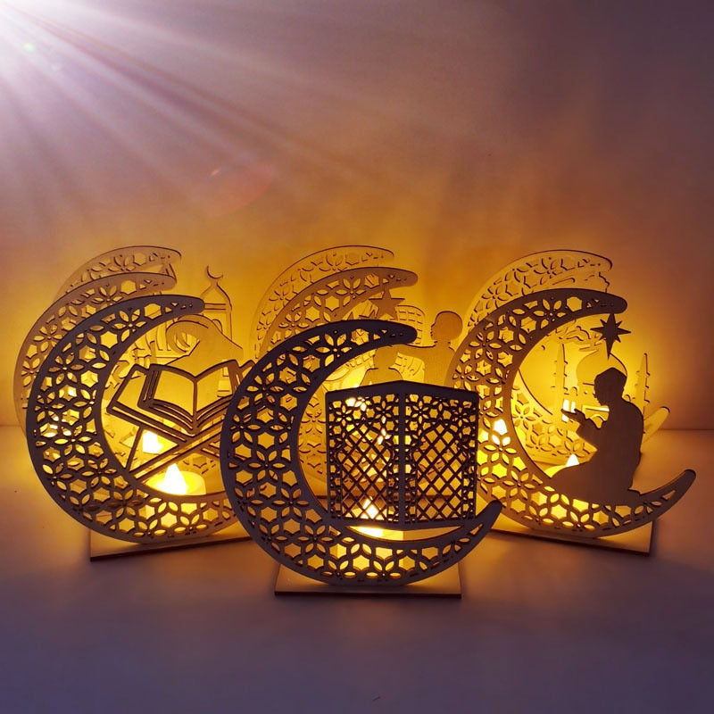 LED Eid Mubarak Holz DIY Craft Ornament Anhänger Islam Muslim Party Home Decoration Ramadan Kareem Event Party Supplies
