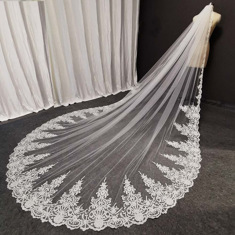 Real Photos Long Lace Bridal Veil with Comb 3.5 Meters 1 Layer Cathedral White Iovry Wedding Veil Wedding Accessories 2020