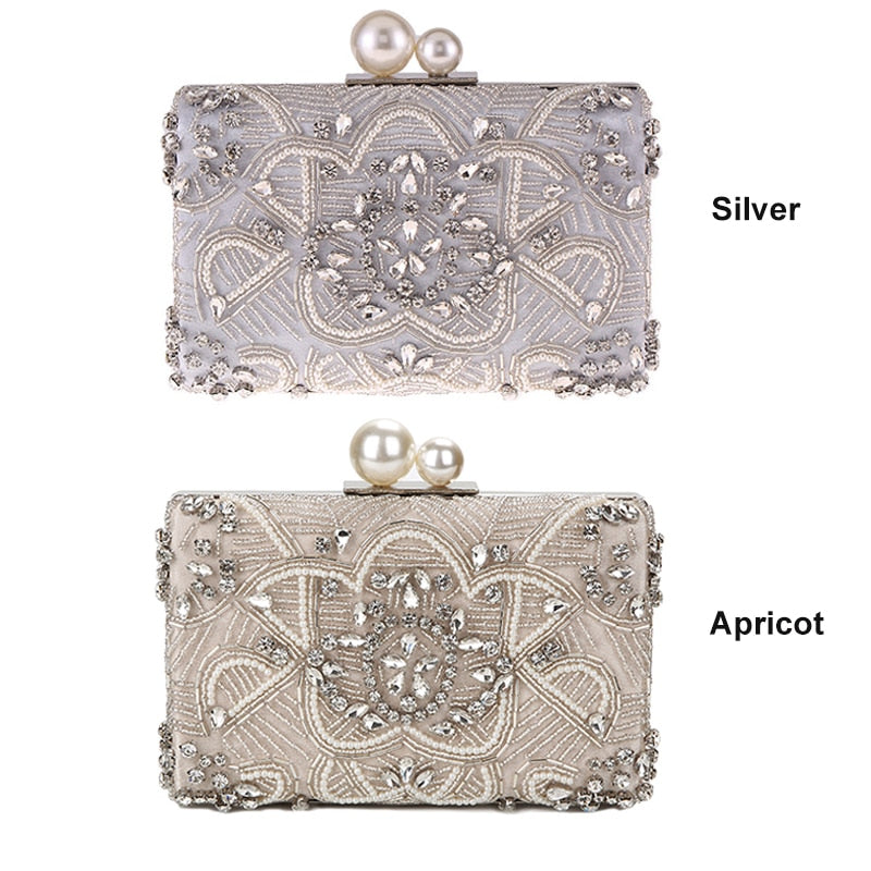 Bolsos de mano de cristal de plata de albaricoque hechos a mano con cuentas de perlas bolso de mano de boda bolsos de lujo bolsos de hombro de mujer ZD1361