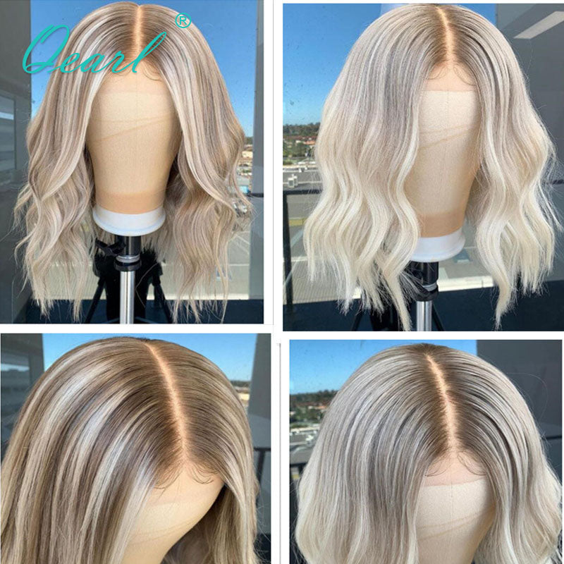 Women HD Lace Front Human Hair Wigs Short Bob Lace Frontal Wig Ombre Ash Blonde Grey Highlights 13x1 Transparent Wig Sale Qearl