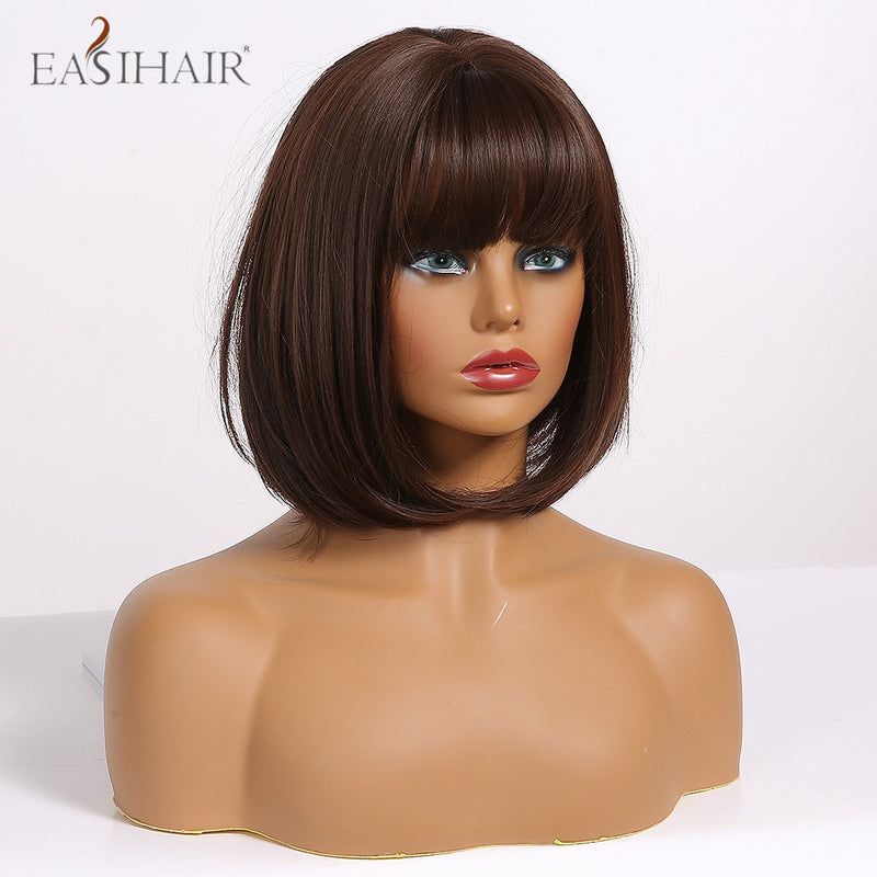 EASIHAIR Dark Brown Short BoBo Wigs with Bangs Heat Resistant Synthetic Hair Wigs Cosplay Lolita Female Wigs for Women