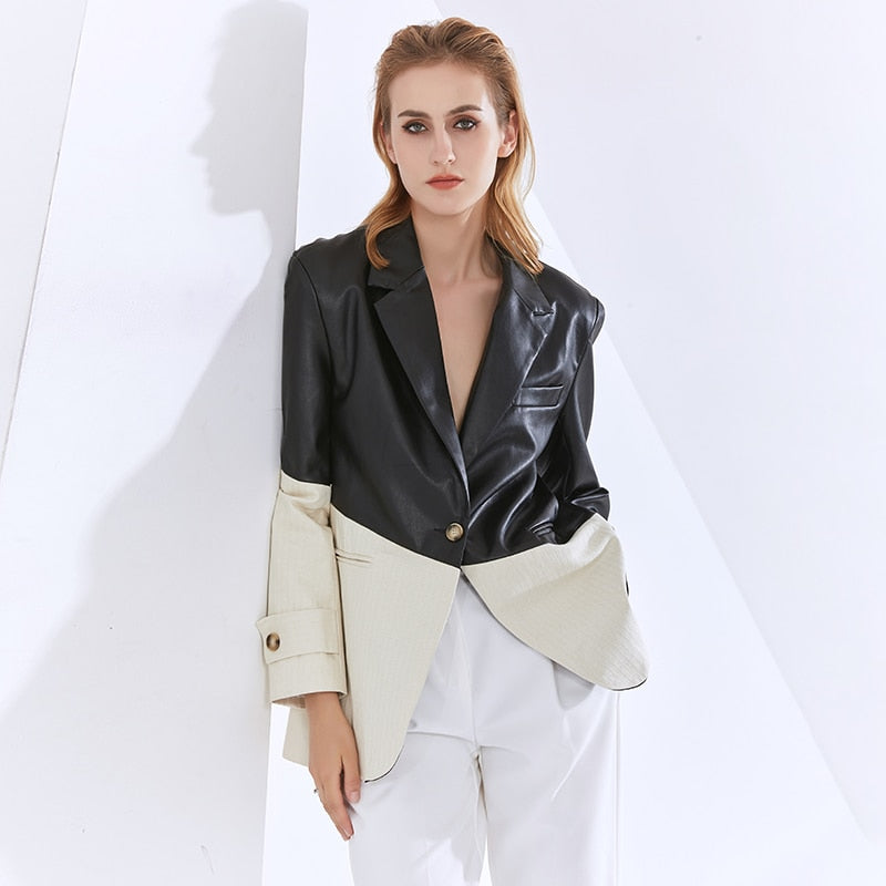 TWOTWINSTYLE Patchwork PU Leather Blazers For Women Notched Long Sleeve Hit Color Casual Coats Female 2020 Fashion Clothing Tide