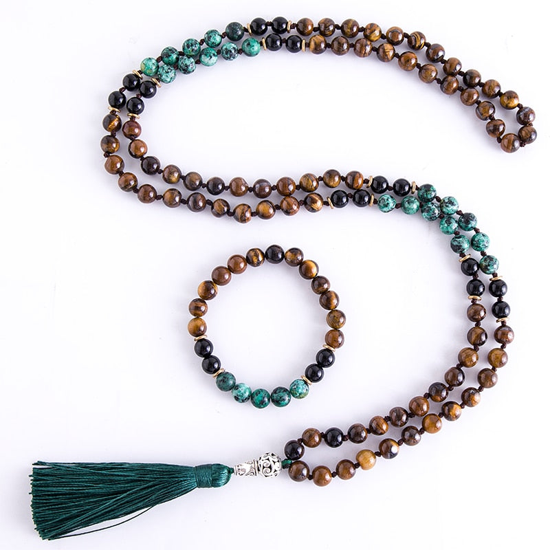 8mm Yellow Tiger Eyes Turquesa Africana Black Onyx Japamala Set Meditation Yoga Spirit Jewelry 108 Mala Beaded Tassel Necklace