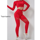 Yoga Sets Women Gym Clothes Seamless Long Sleeve Crop Tops Mesh Sports Leggings Running Workout High Waist Pants Fitness Wear