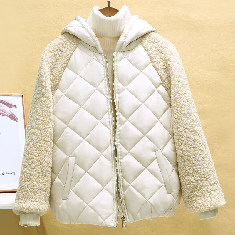 Dünne leichte Daunenjacke aus Baumwolle weiblicher kurzer Mantel Herbst-Winter-Frauen 2022 neue mit Kapuze lose Nachahmung Lammwolle-Baumwolljacke C