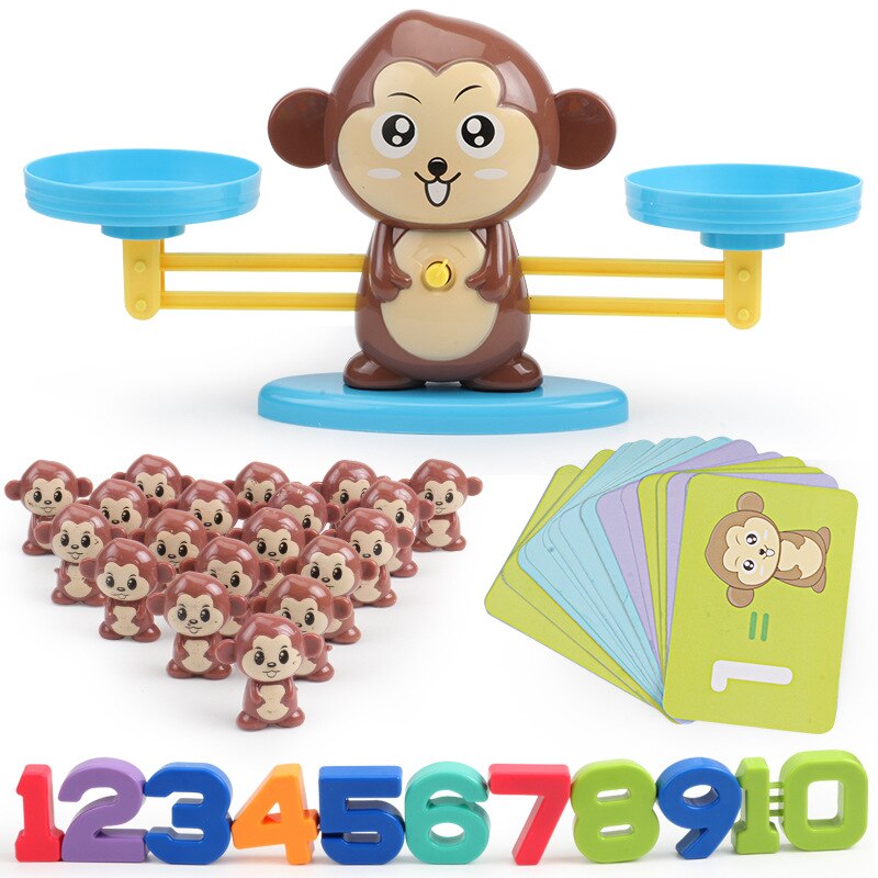Juego de mesa de juego de matemáticas Montessori, juguetes de mono, cachorro, escala de equilibrio, juegos de equilibrio de números, juguete de aprendizaje para bebés, figuras de acción de animales
