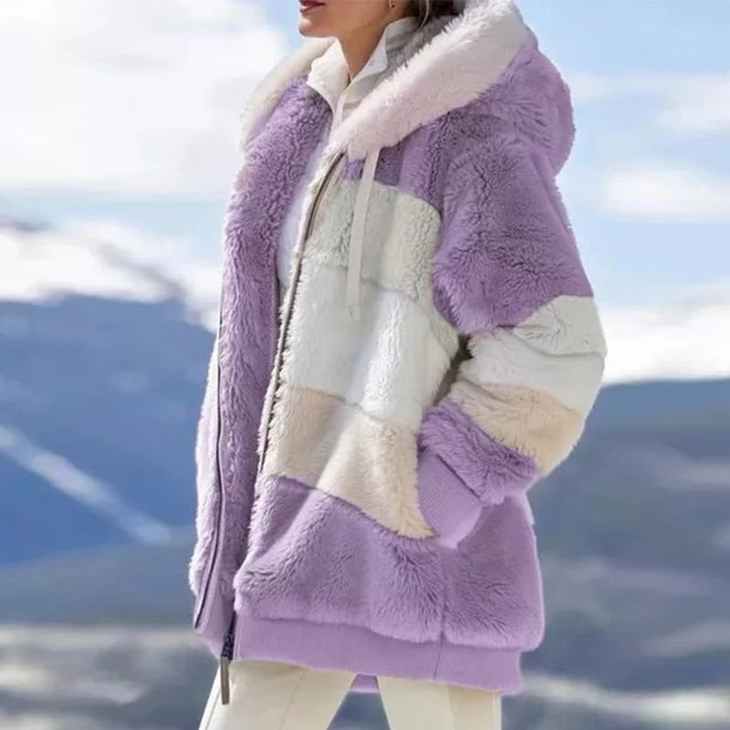 Winter-Frauen-Jacken-warmer Plüsch-beiläufiger lockerer mit Kapuze Mantel-Mischfarben-Patchwork-Winter-Outwear-Kunstpelz-Reißverschluss-Damen-Parka-Mantel