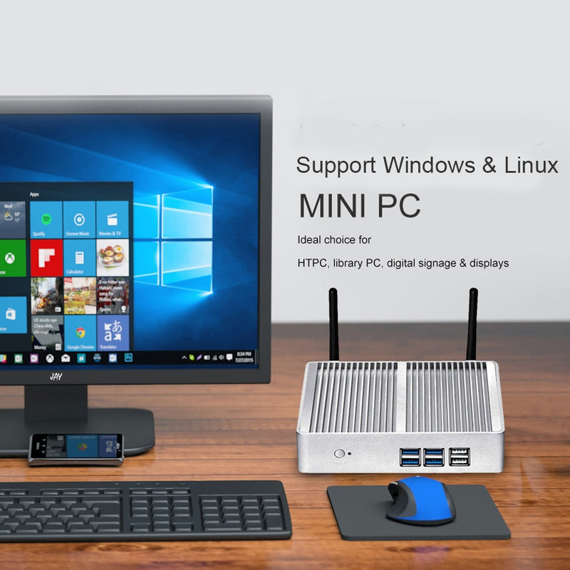 BEBEPC Mini PC sin ventilador HTPC Windows 10 Pro Intel Core i5 5200U/4200U Celeron DDR3L WiFi HD USB Office Descktop Minipc