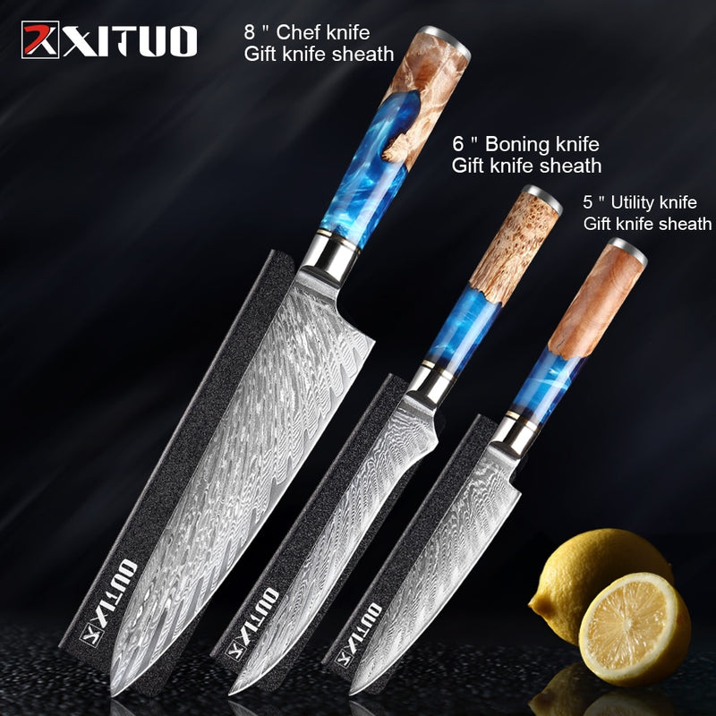 Juego de cuchillos de cocina XITUO, cuchillo de Chef de acero de Damasco, cuchillo de carnicero para pelar, cuchillo de pan, herramienta de cocina, mango de resina azul, 1-6 unids/set