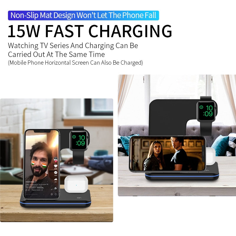 3 in 1 15W Fast Wireless Charger Dock Stand for iPhone 13 12 11 XS XR X 8 Apple Watch iWatch 7 6 Airpods Pro Qi Charging Station