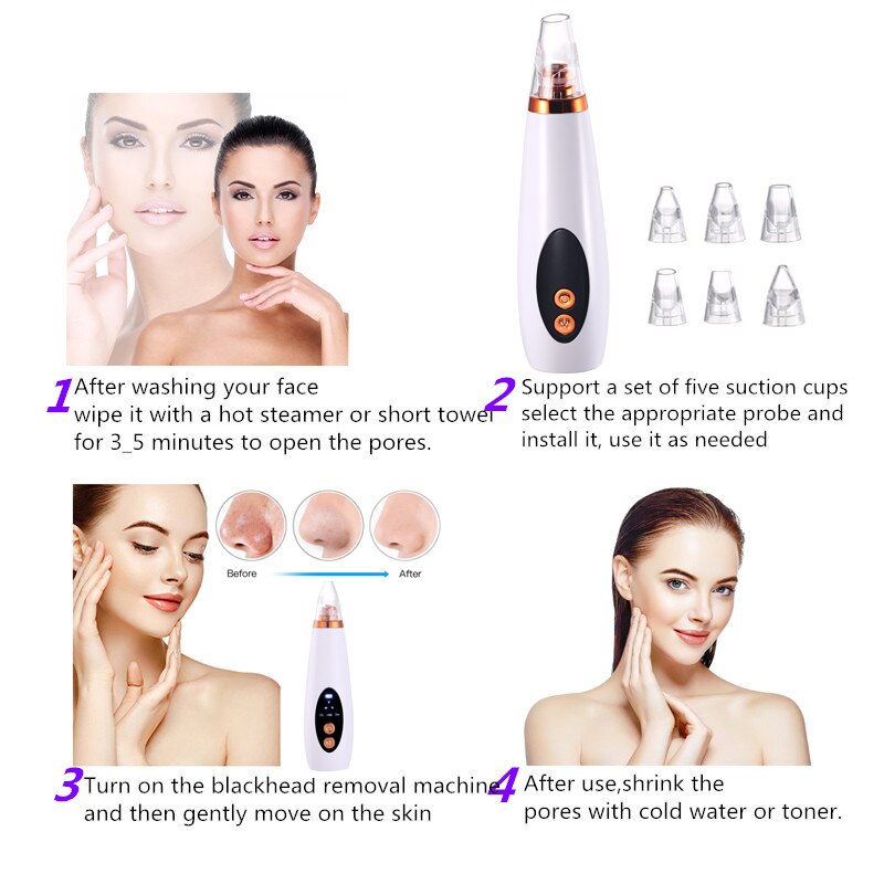 Eliminador de espinillas y limpiador de poros de acné Aspirador eléctrico Nariz y cara Limpieza profunda Cuidado de la piel + Vaporizador facial recargable por USB