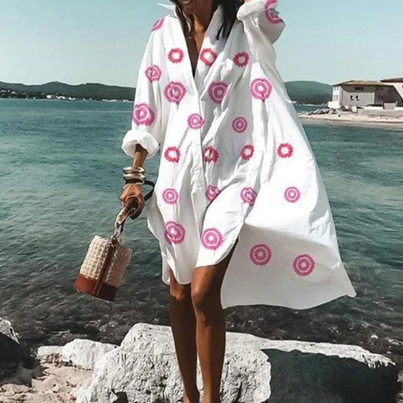 Vestidos de verano 2021 para mujer, vestido informal con estampado de cuello vuelto, camisa de manga larga, vestido holgado de gran tamaño para fiesta en la playa, bata, blusa