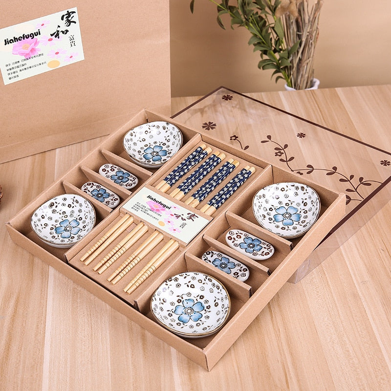 Japanese Style Cherry Blossom Ceramic Sushi Dishes Sashimi Soysauce Dish Blue Dinnerware Set Tableware Set Box (12pcs/set)
