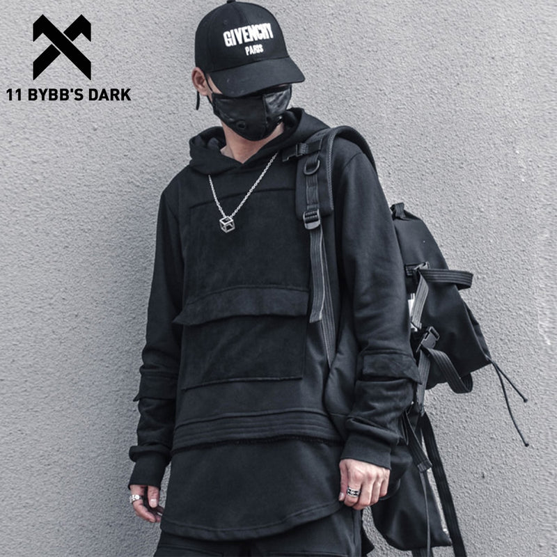 11 BYBB'S DARK Patchwork Harajuku Hoodie Männer Hip Hop Streetwear Hoodie Sweatshirt Mann Dark Ribbon 2021 Cotton Top Pullover Schwarz